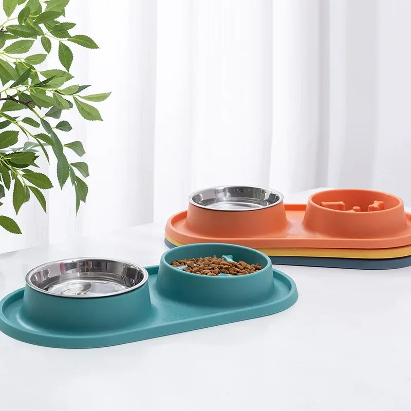 Non-Slip Double Dog Bowl with Slow Feeder Design