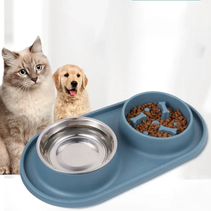 Non-Slip Double Dog Bowl with Slow Feeder Design