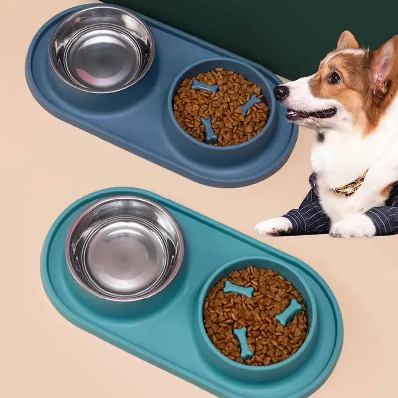 Non-Slip Double Dog Bowl with Slow Feeder Design