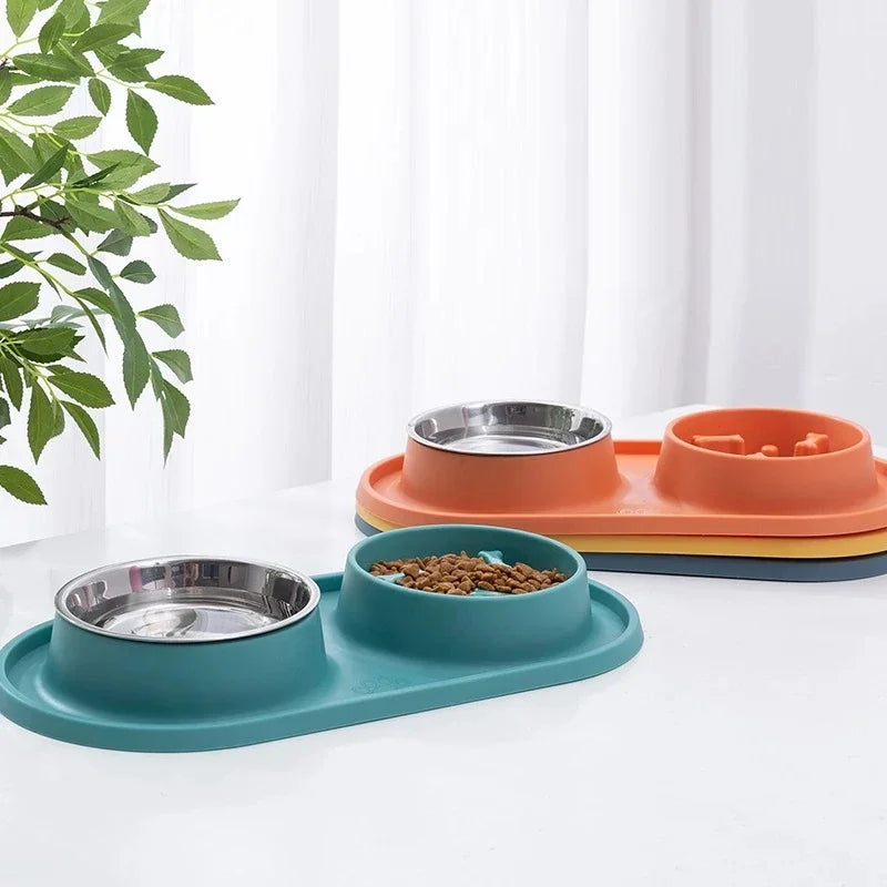 Non-Slip Double Dog Bowl with Slow Feeder Design