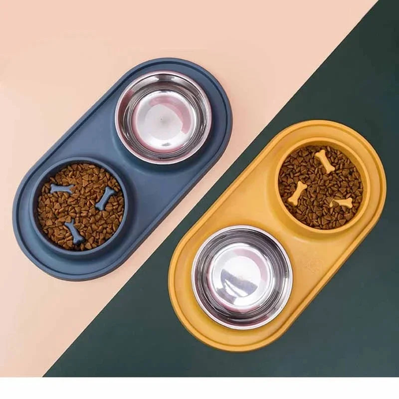 Non-Slip Double Dog Bowl with Slow Feeder Design