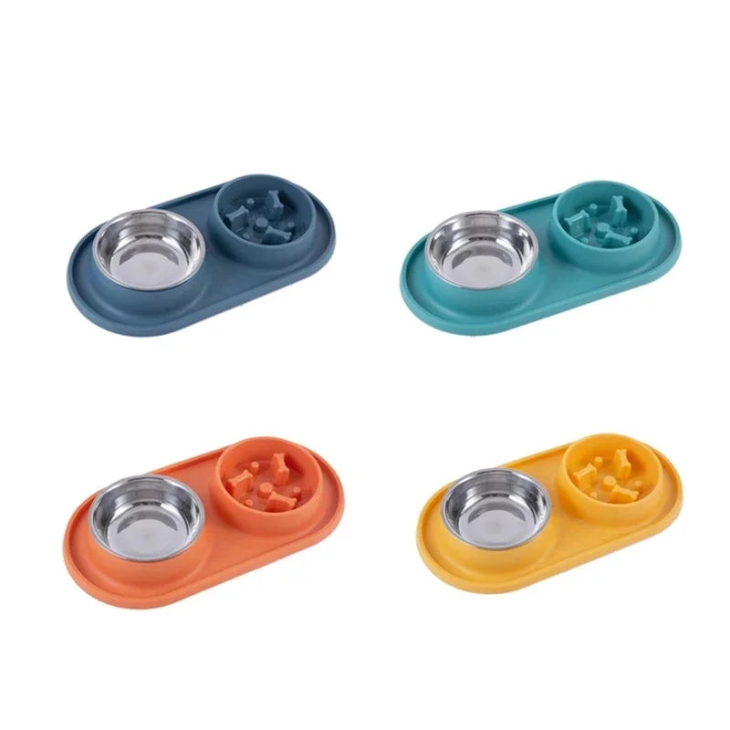 Non-Slip Double Dog Bowl with Slow Feeder Design